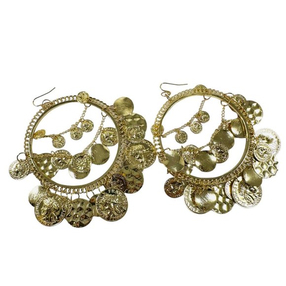 Giant gold Tone Gypsy Hoop earrings covered in gold coin charms - Picture 6 of 6